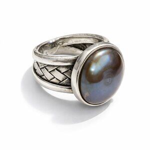 Vintage Sterling Silver Pearl Ring Braided Band Mabé Blister Pearl Sz 6 Artisan